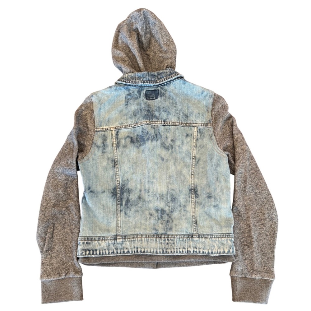 American Eagle Mixed Media Denim Jacket Gray Hooded Sleeves Acid Wash Womens M